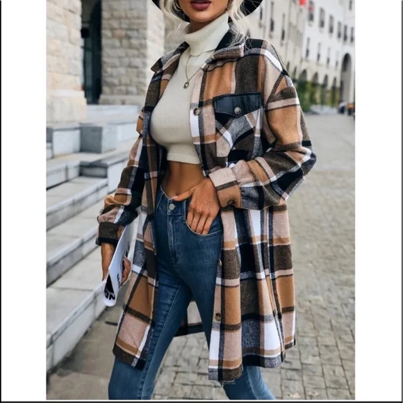 Cozy Plaid Print Button Up Oversized LIGHT Jacket Shacket Top - Picture 3 of 7